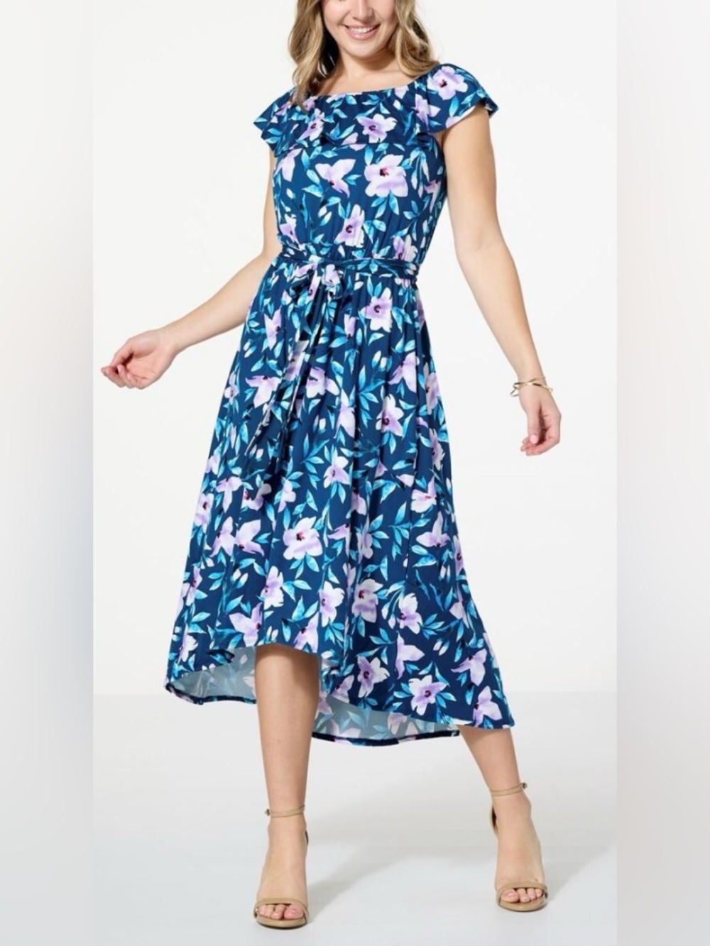 C. Wonder, Christian Siriano Teal Floral High-Low Dress with Tie Waist